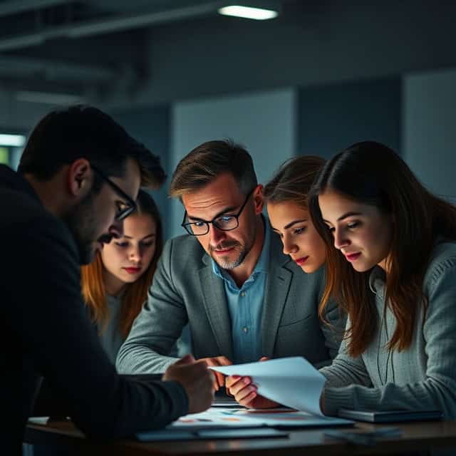 intralogistics solutions team in dimmed office looking at reports