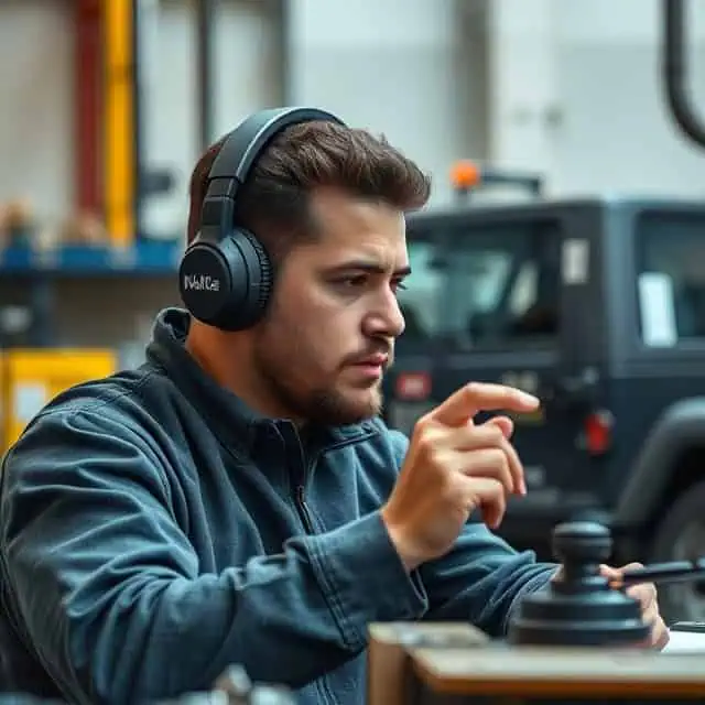 maintenance support services expert wearing protective headphones while working on site