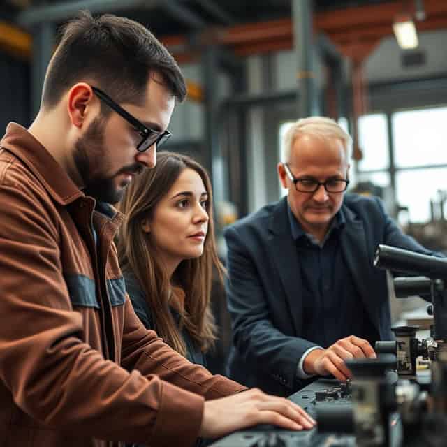 mechanical engineer consultants overlooking process in workshop