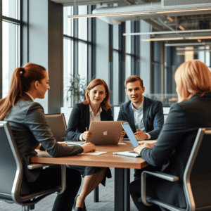 interim roles manager sitting behind a table having discussion