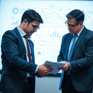Two male managers discussing report on paper