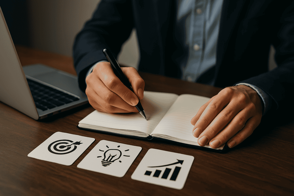 Professional writing in notebook at desk, surrounded by strategy icons