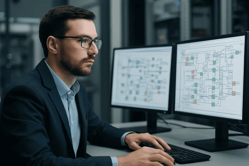 Automation architect working on a computer