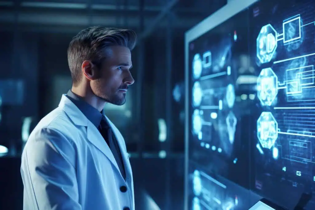 Healthcare automation solutions expert looking at big screen