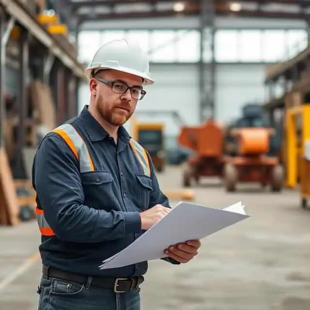 Industrial consultant wearing protective helmet and glasses is standing in warehouse with plan in hands