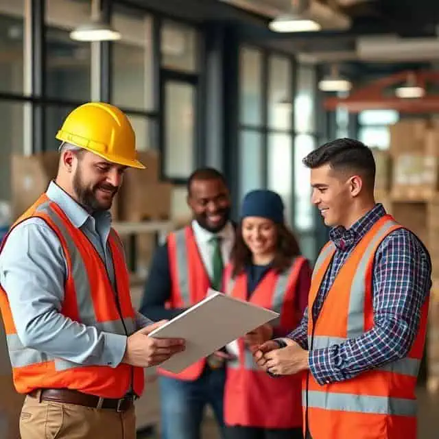 Logistics automation experts huddled together discussing a plan