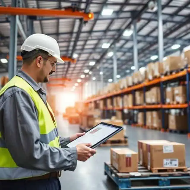 Logistics automation expert overlooking warehouse stock