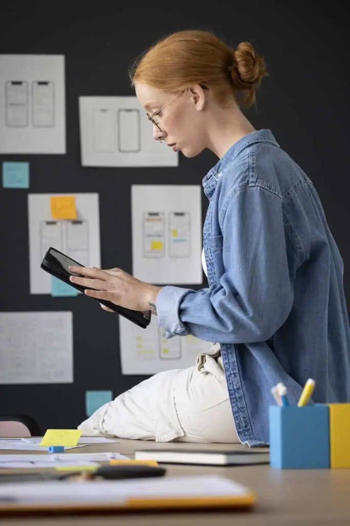 Woman sitting on a desk in her office, holding a tablet in her hands
