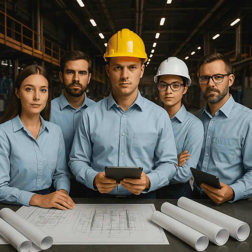 Five APQP engineers in blue dress shirts stand in a production hall. The man in the middle holds table, there are papers on the table in front of them.