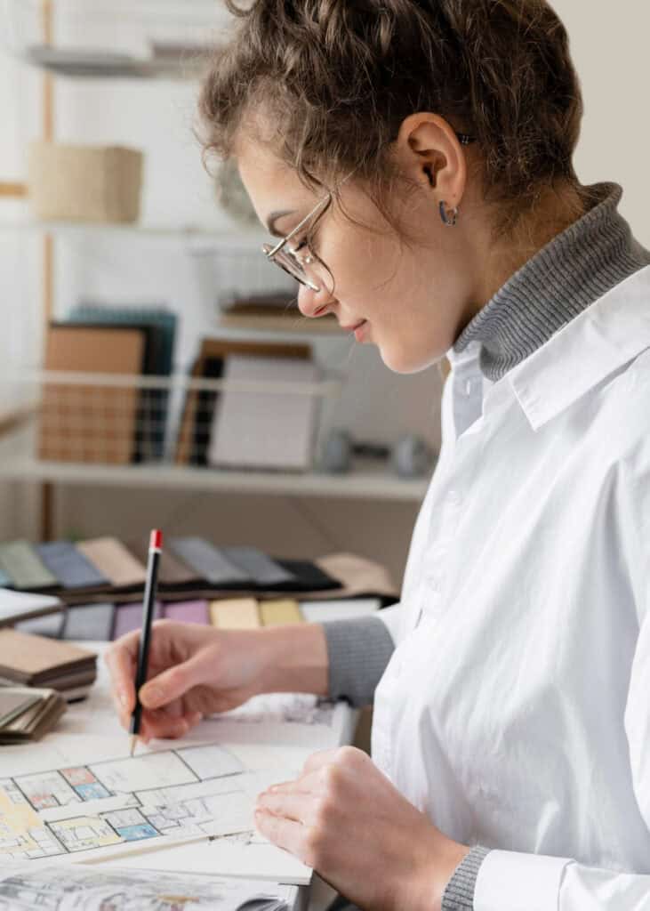 Woman goemetry engineer sitting at her desk and working on project