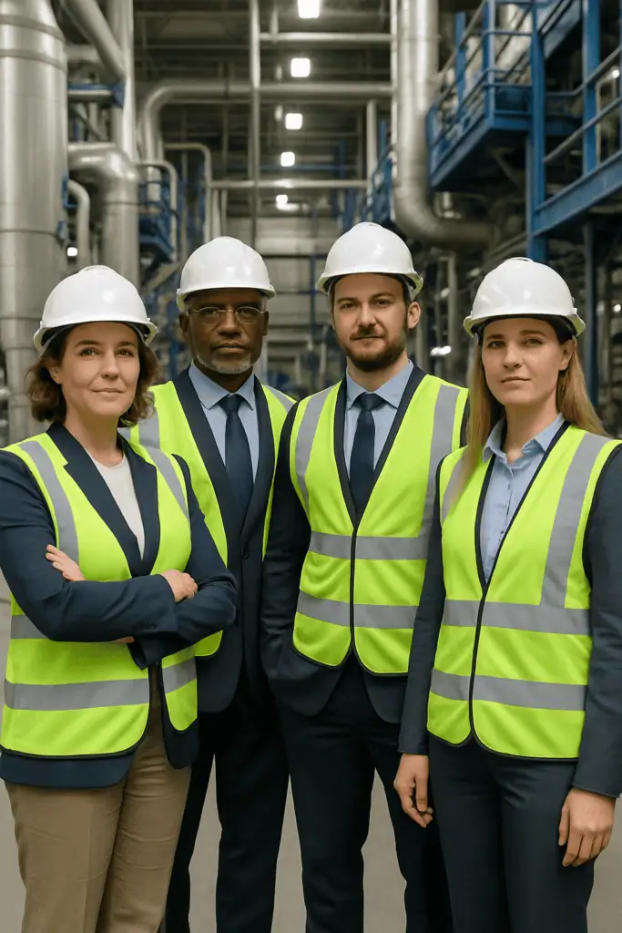 Group of interim plant managers in protective helmets and reflective vests standing in production hall