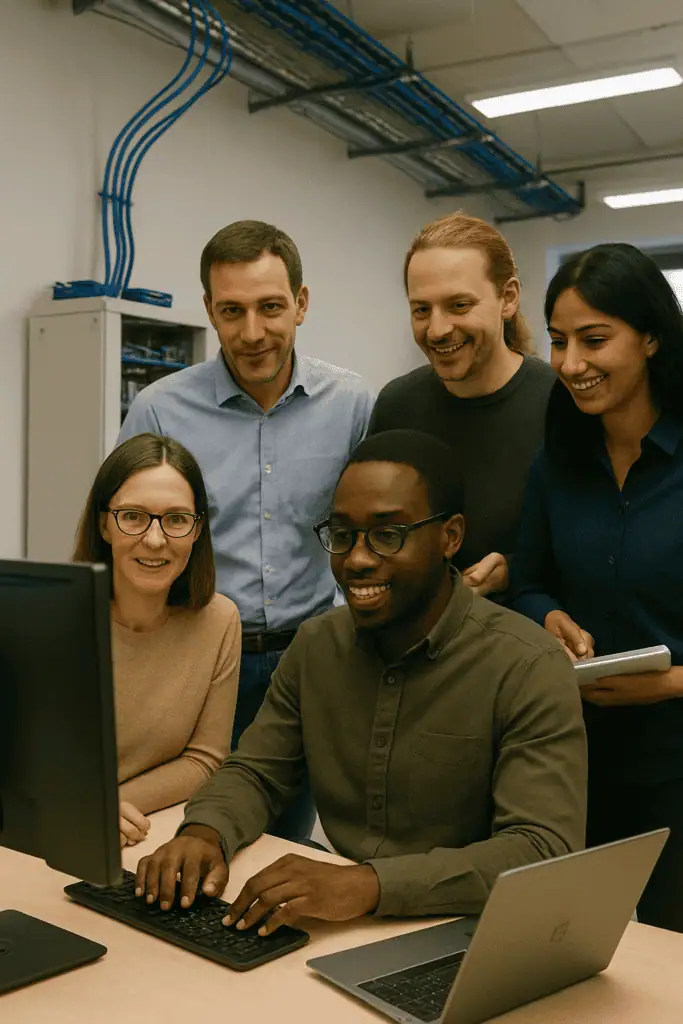 Team of IT integration experts looking at a computer screen in software room