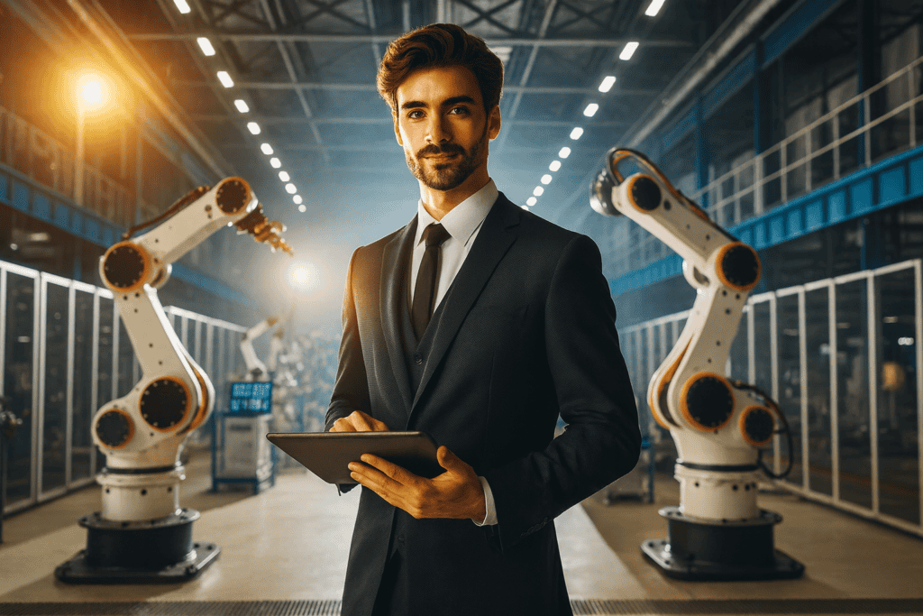 Robotics software engineer standing in front of robots with tablet in hand