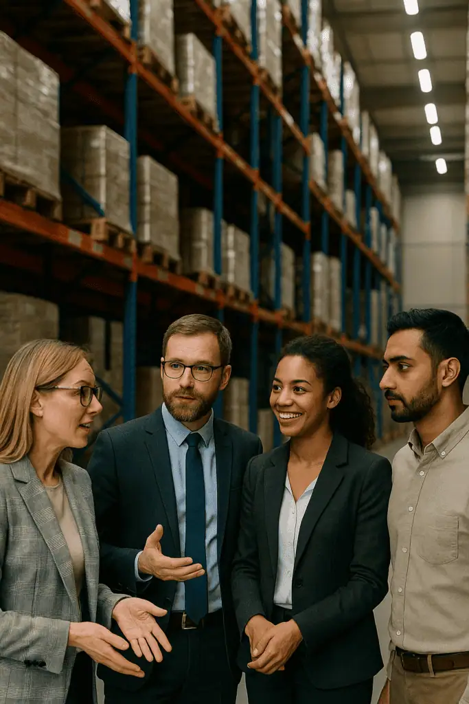 Group of interim supply chain managers in warehouse having a discussion