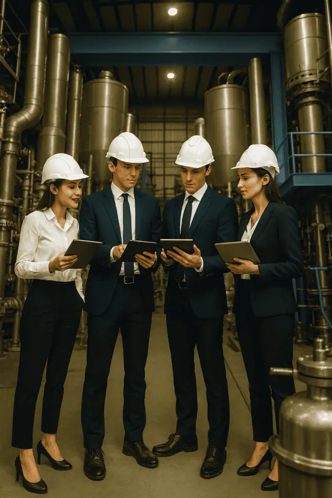 Four task force managers dressed in suits, two women and two men, stand in a production hall with white helmets on, each holding a tablet, comparing their reports