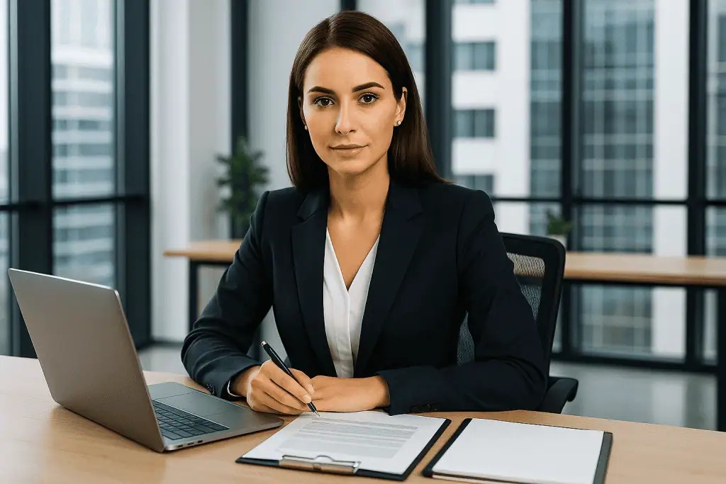8D services expert working at her desk, signing a document next to a laptop