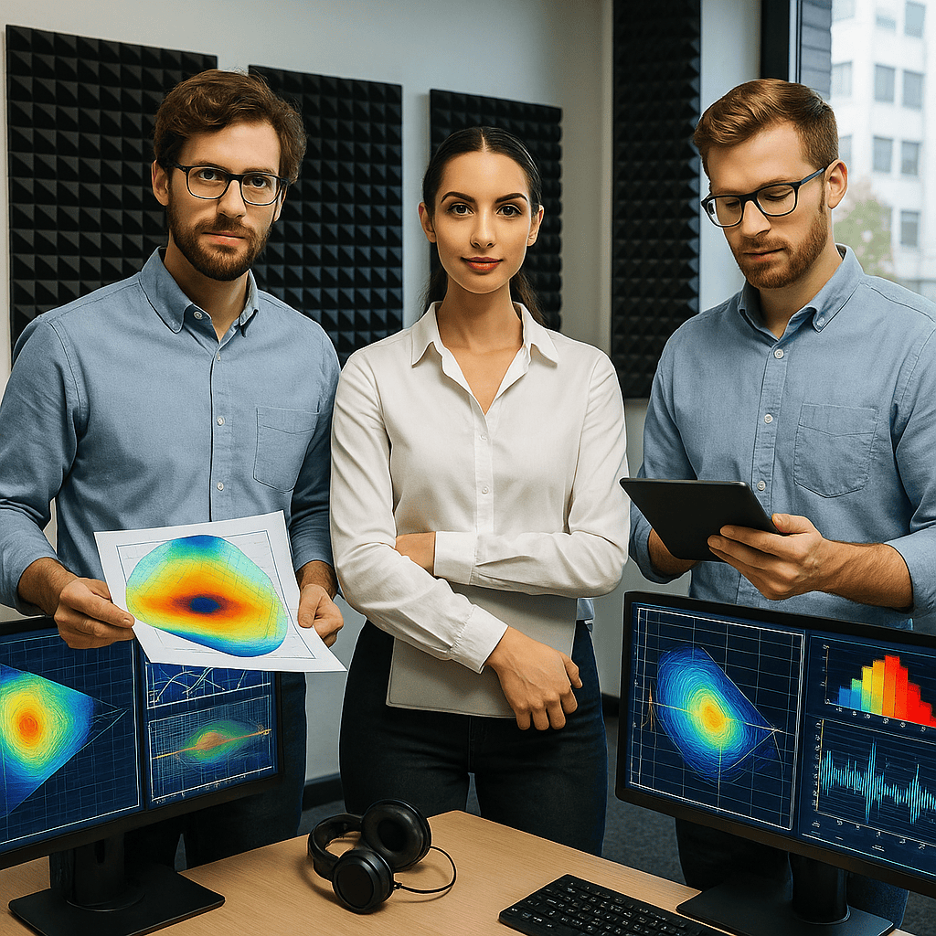Acoustic engineer consultants showing the process of their work using simulation software and acoustic modeling tools
