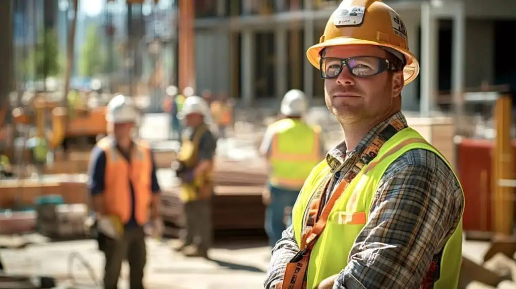 Construction worker wearing safety gear stands with arms crossed on a building site, colleagues working in the background