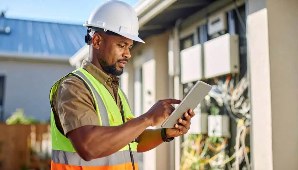 Male engineer wearing white safety helmet and high visibility vest inspecting electrical panels outdoors using tablet device, with clear sky and residential building in background