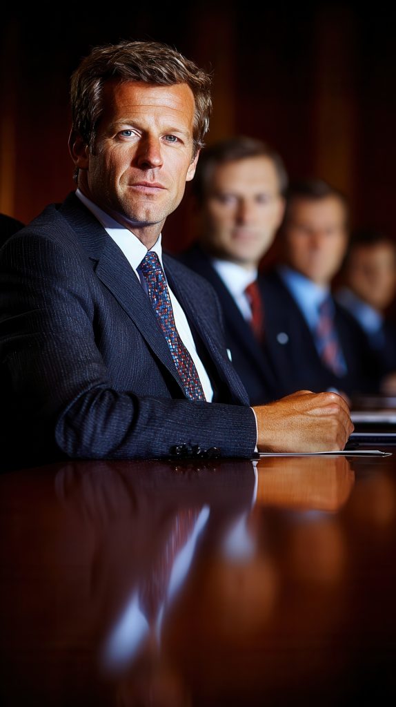 A confident businessman sits at a long conference table, surrounded by colleagues