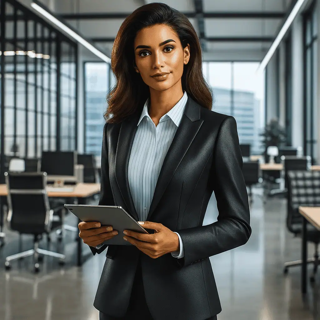Crisis management manager holding a tablet in her hands standing in an office hallway