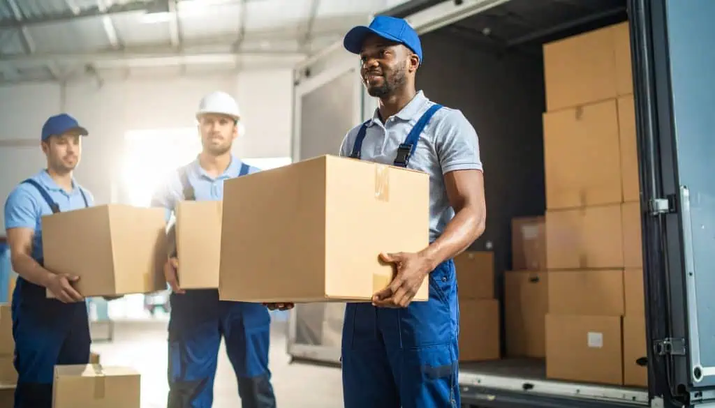 Male inventory services professionals unload boxes from car