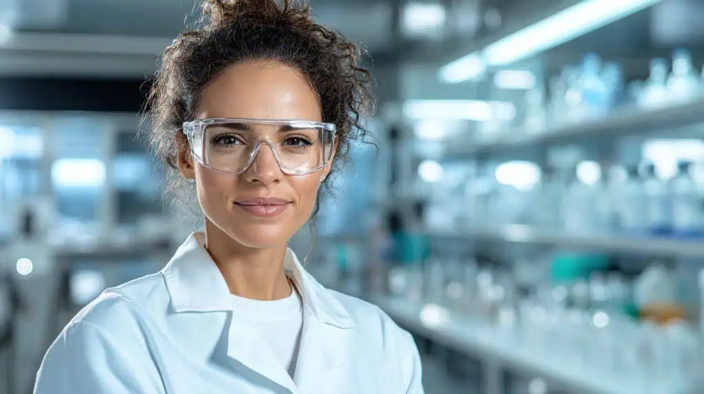 Scientist in laboratory wearing glasses, smiling confidently while conducting research