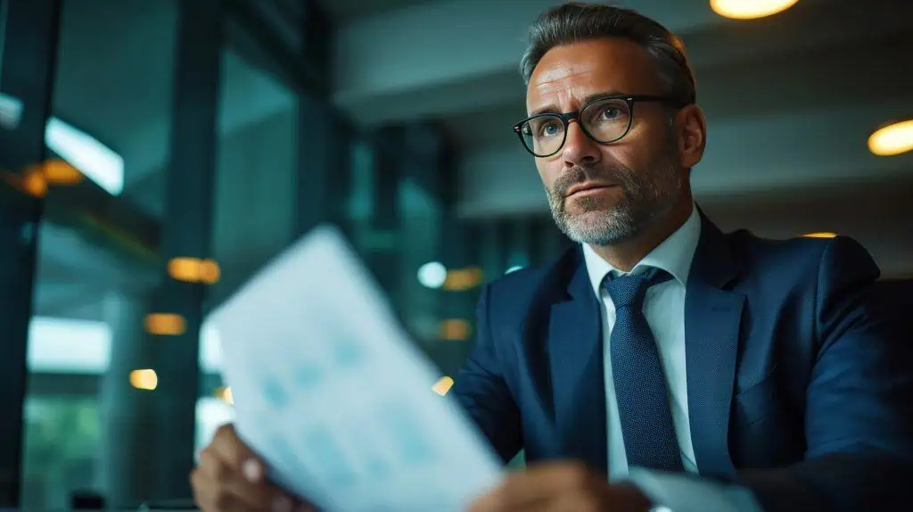 Program manager in a suit reviews documents in office