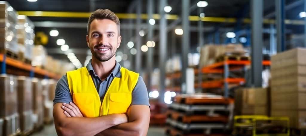 Warehouse manager wearing reflective vest is standing in warehouse
