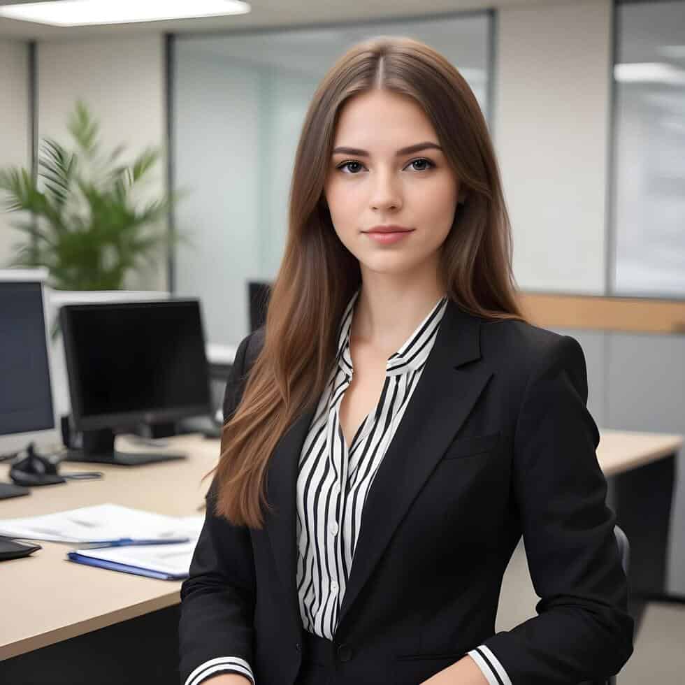 Lean manager in suit stands in office with computers behind her