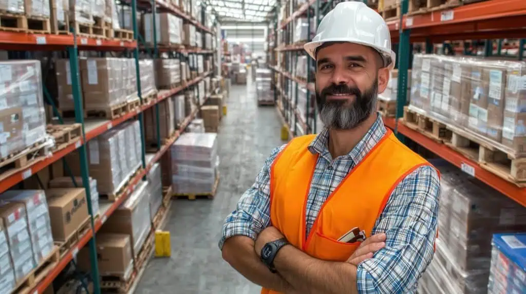 A warehouse worker wearing hard hat and safety vest stands confidently in storage facility, surrounded by stacked boxes and pallets