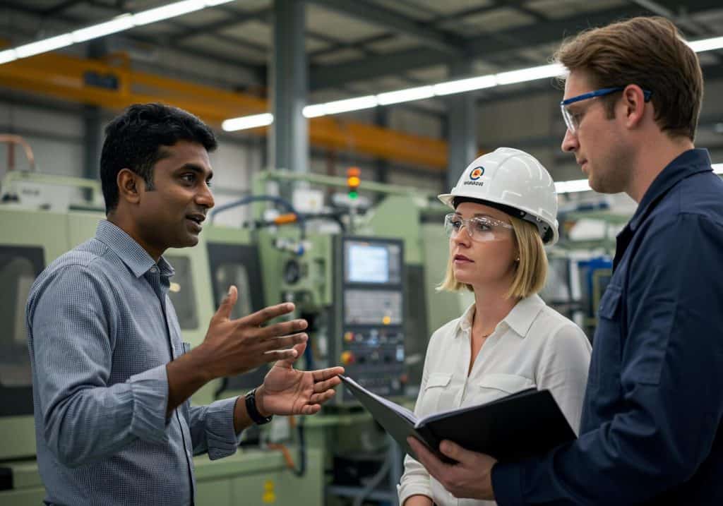 Three engineers discussing machine operations in factory