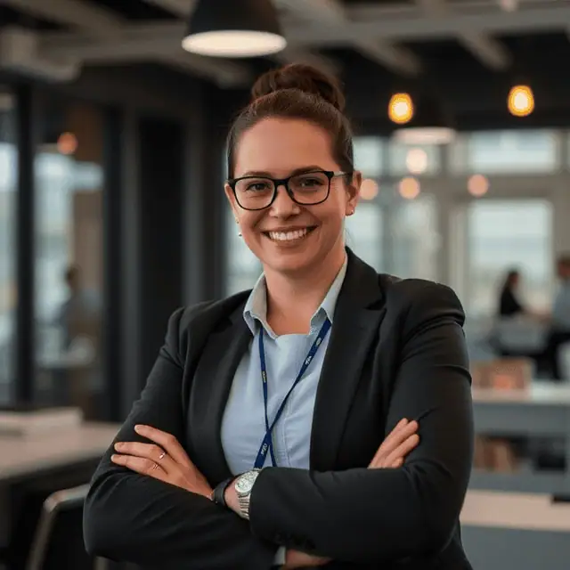 Business woman wearing a suit is standing in office, smiling
