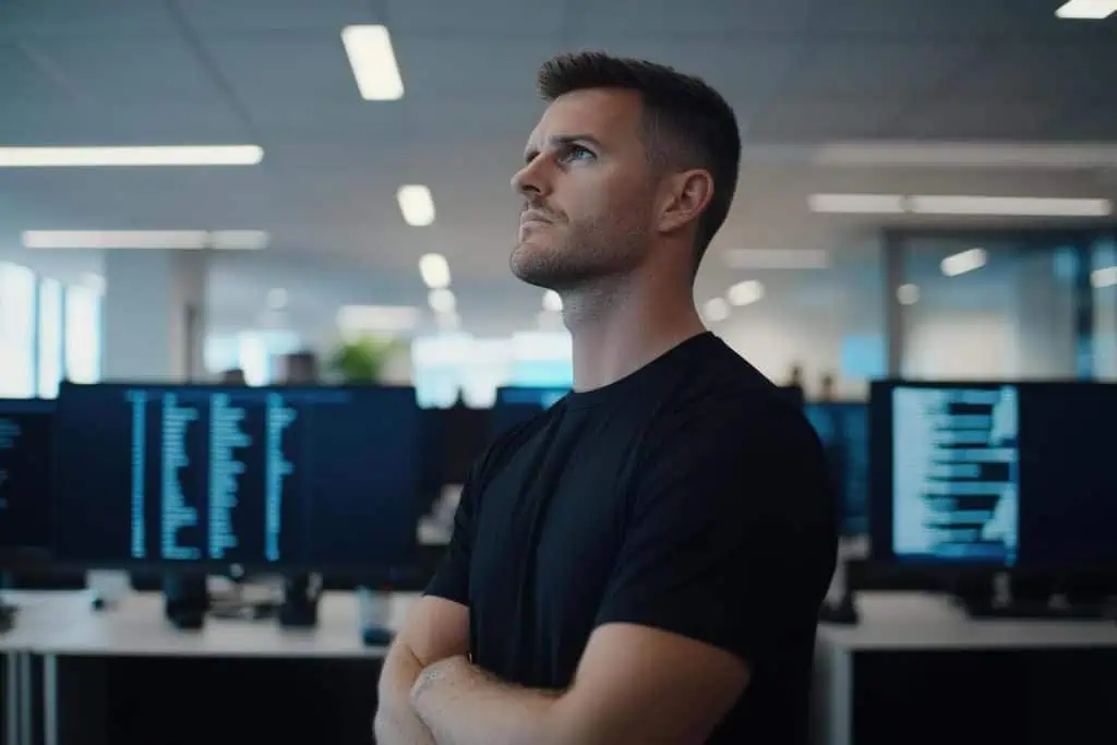 Production support professional looking upward in modern office