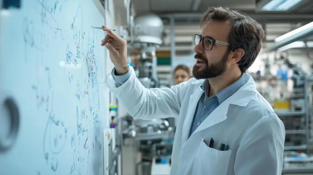 Researcher in lab coat is writing notes on whiteboard