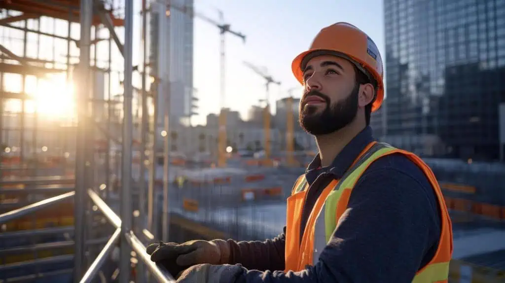 Resident quality engineer wearing work attire is at construction site