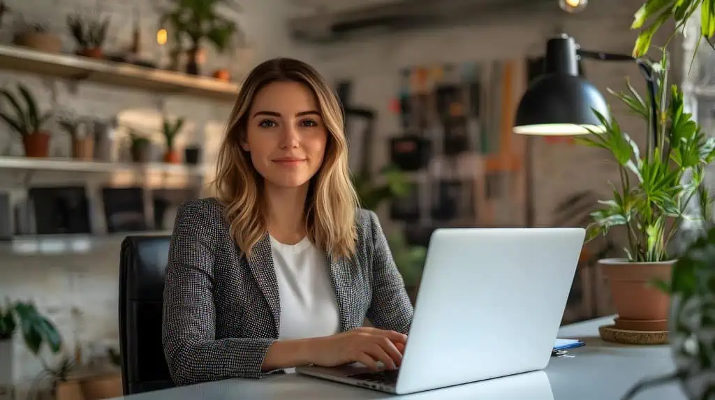 Service quality specialist sitting at her desk in cozy room