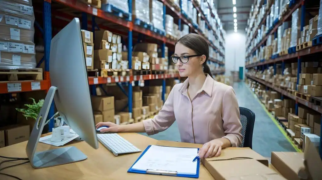 Supplier engineer in glasses sitting at table in warehouse and working on her computer