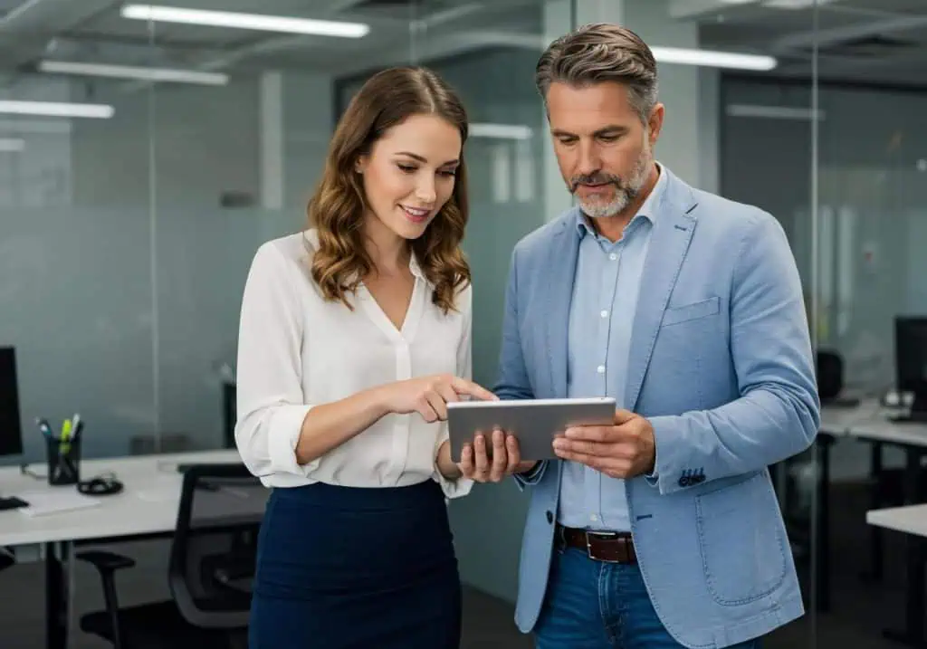 Two colleagues discussing data on a tablet in office