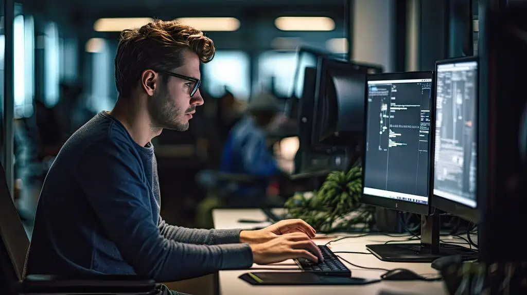software developer services expert coding on computer in dimmed office