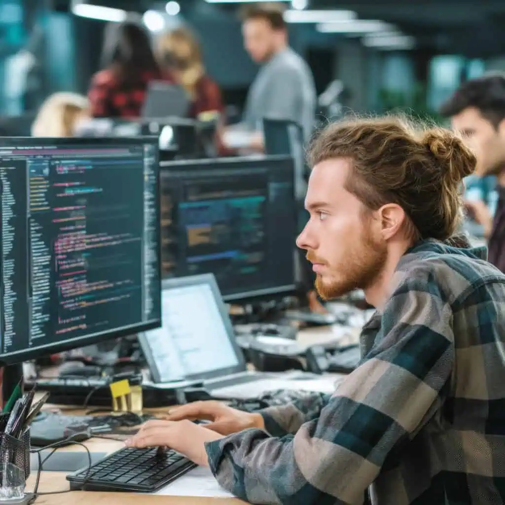 software developer services team working in office, coding