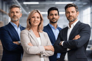Group of four diverse interim managers posing confidently in an office