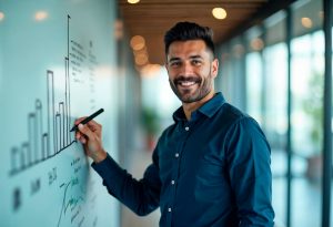 A man in blue shirt smiling while writing on a whiteboard in an office