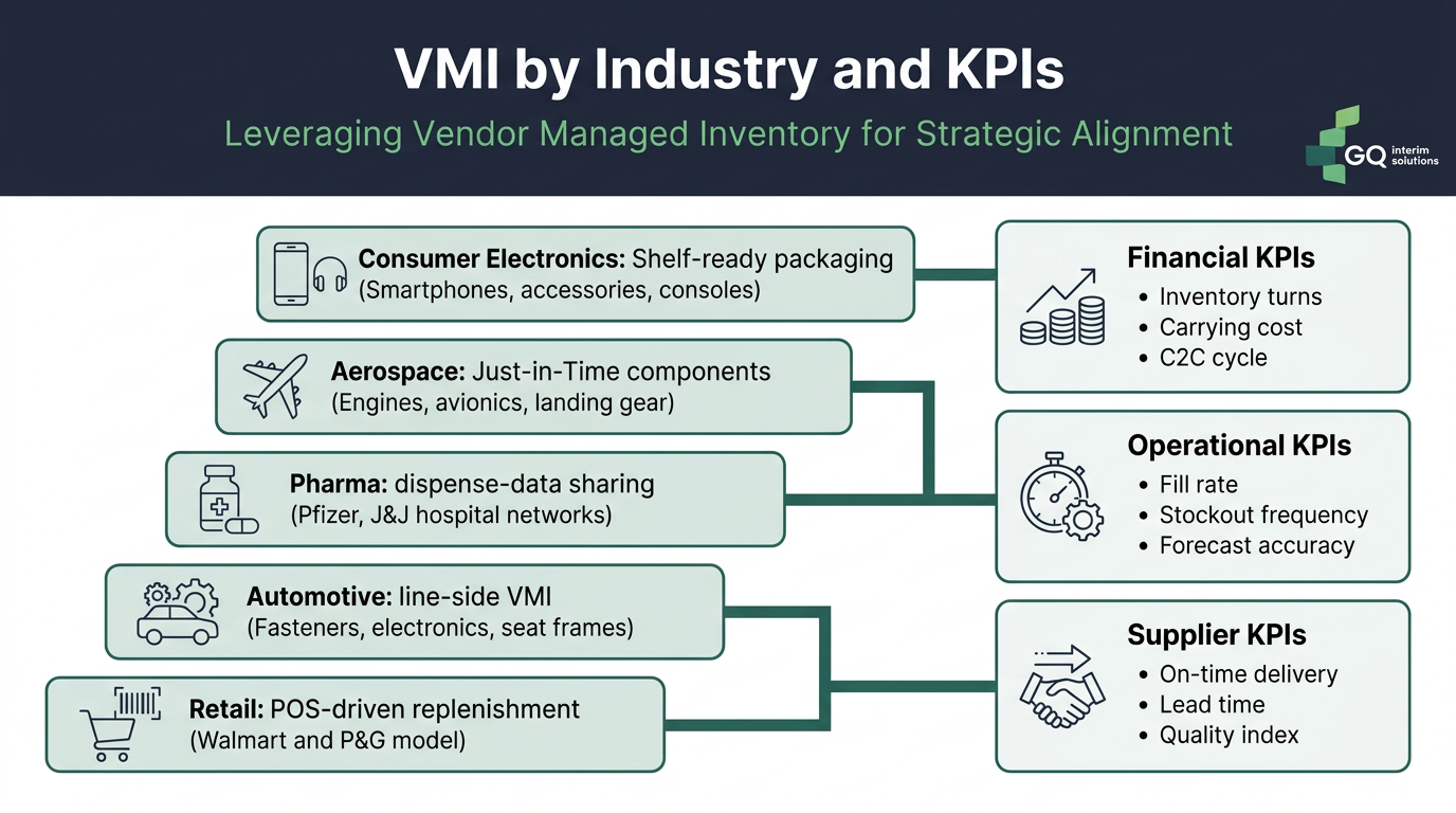 VMI applications and KPIs across automotive, pharma, and retail sectors