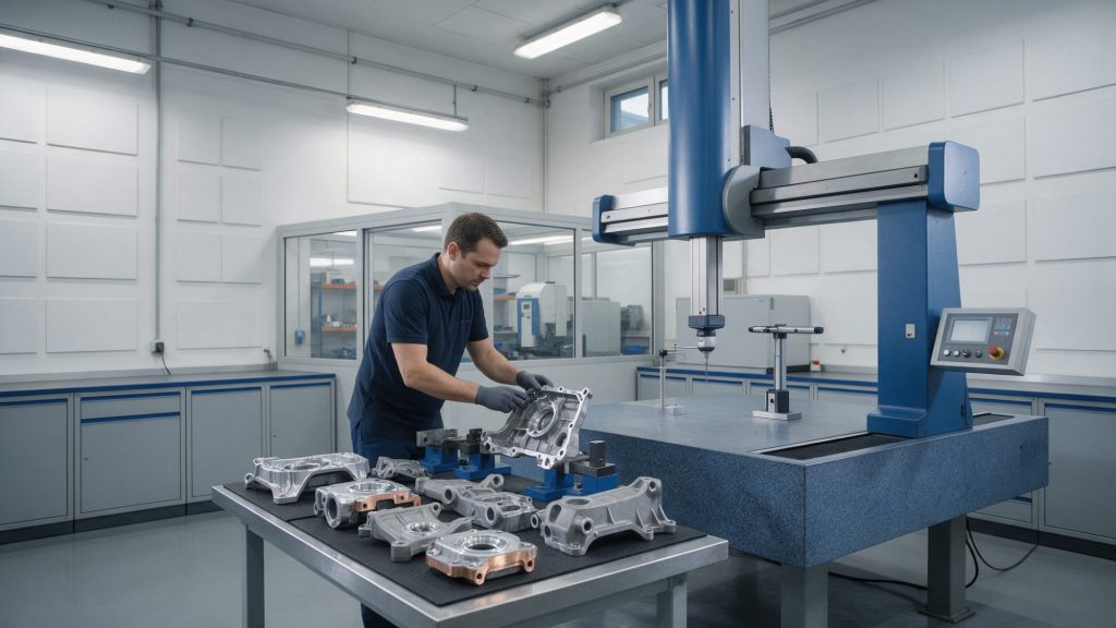 Quality engineer checking parts from a first production run on a coordinate measuring machine