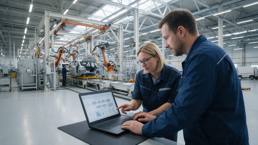 Quality engineer and process engineer reviewing an APQP project plan next to a new automotive assembly line