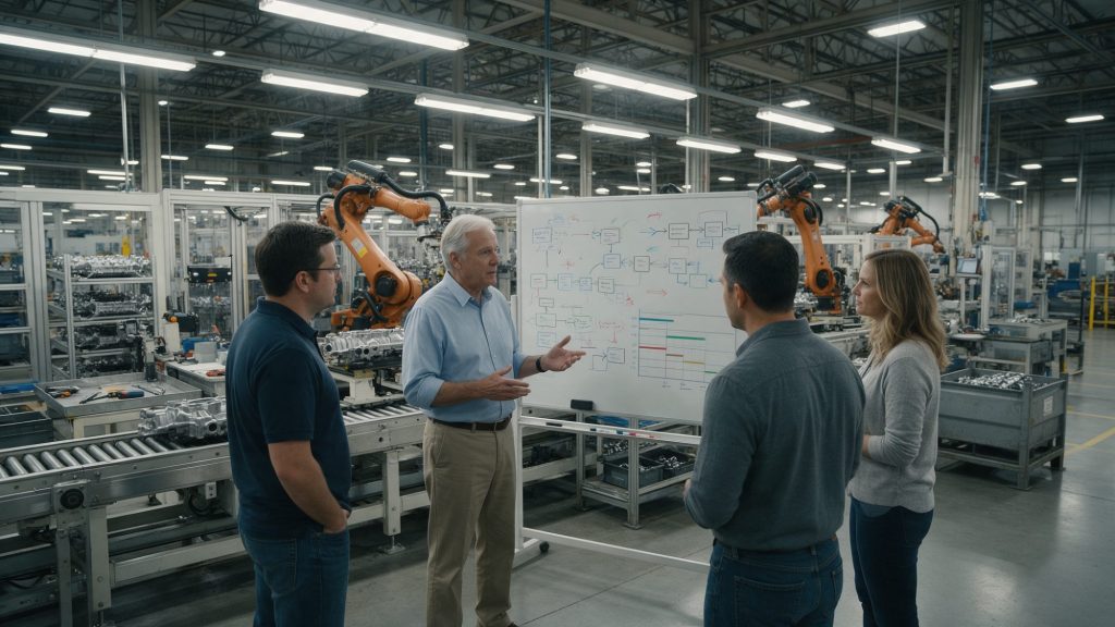 Interim program manager leading a launch team meeting at a shop floor board next to a new automotive production line