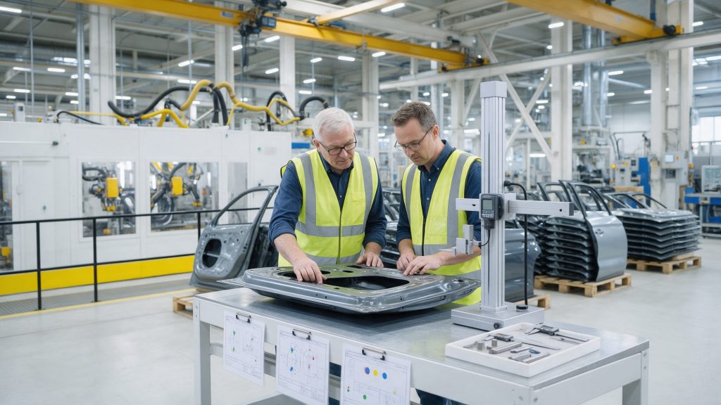 Interim quality manager and plant quality engineer inspecting a car door panel at a measurement station next to the body assembly line