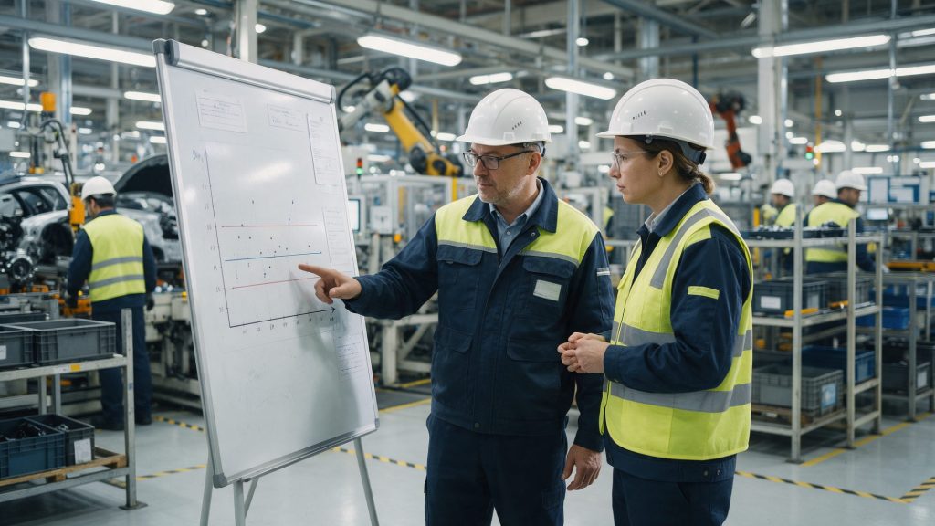 Production supervisor and quality manager reviewing a hand-drawn control chart with control limits on a whiteboard in an automotive parts plant