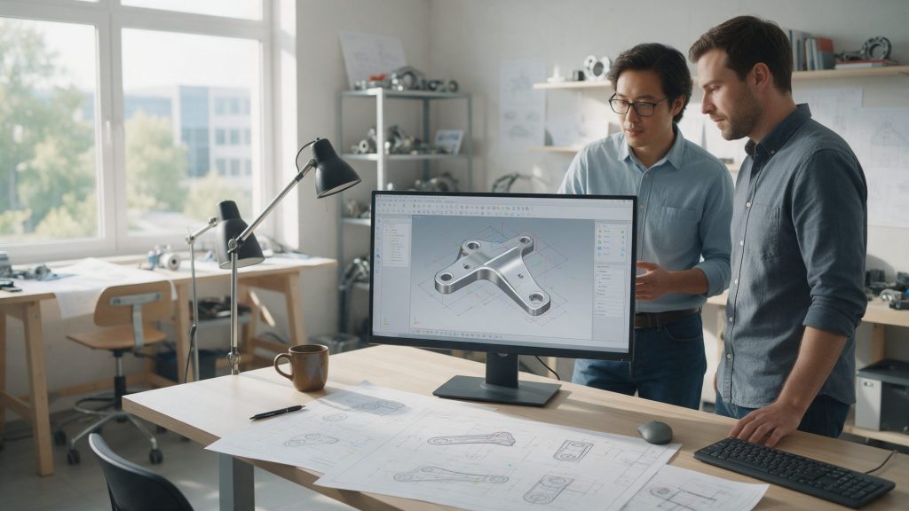 Two design engineers reviewing a 3D CAD model of a metal bracket during a design FMEA